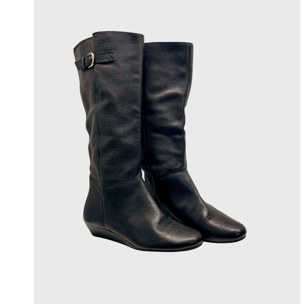 Steven by Steve Madden Intyce Boots Womens 8.5 Black Leather Wedge Knee High